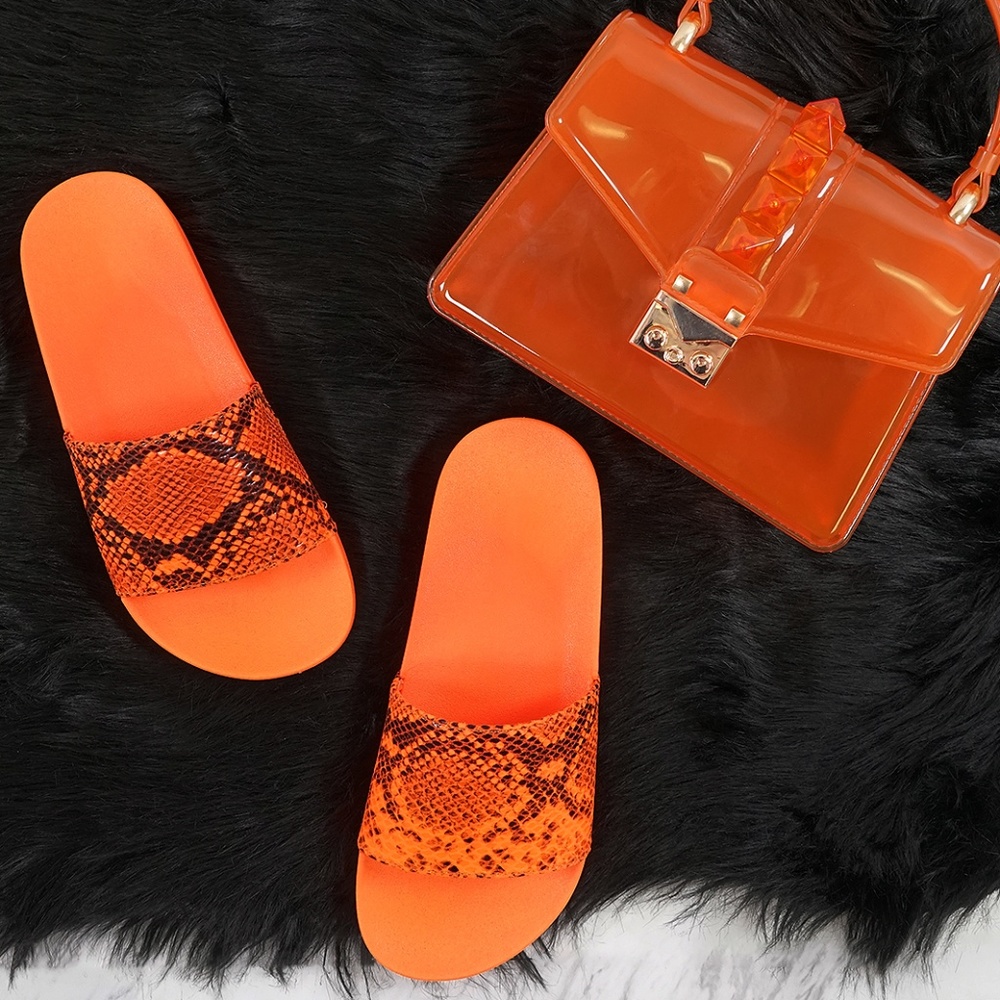 Neon Orange Snake Print Single Band Slides - image 1